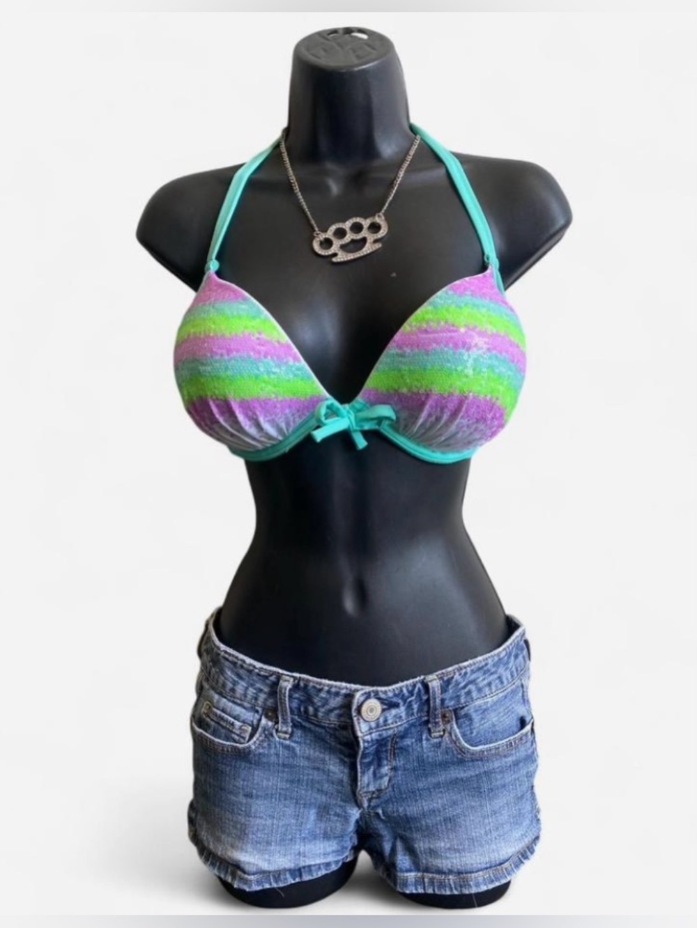 2014 Victoria’s Secret Purple, Teal & Green Sequin Bombshell Halter Bikini Top
